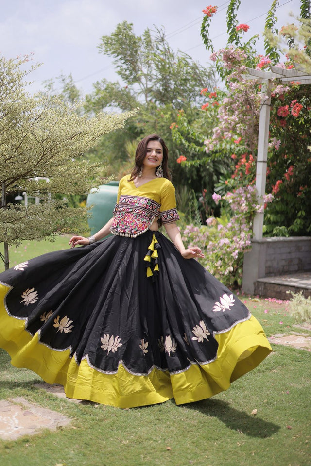 Black Embroidered with Mirror Lace Work Silk Lehenga (ACA8973)