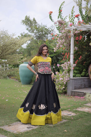 Black Embroidered with Mirror Lace Work Silk Lehenga (ACA8973)