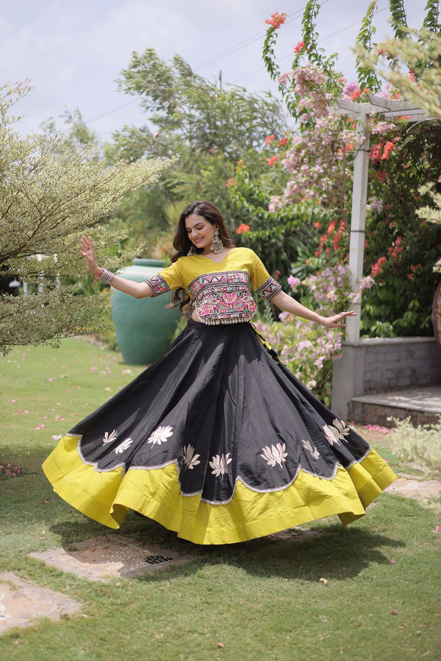 Black Embroidered with Mirror Lace Work Silk Lehenga (ACA8973)