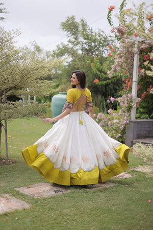 White Embroidered with Mirror Lace Work Silk Lehenga (ACA8974)
