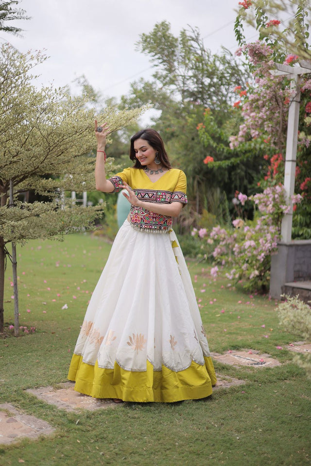 White Embroidered with Mirror Lace Work Silk Lehenga (ACA8974)