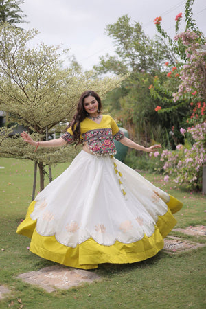 White Embroidered with Mirror Lace Work Silk Lehenga (ACA8974)