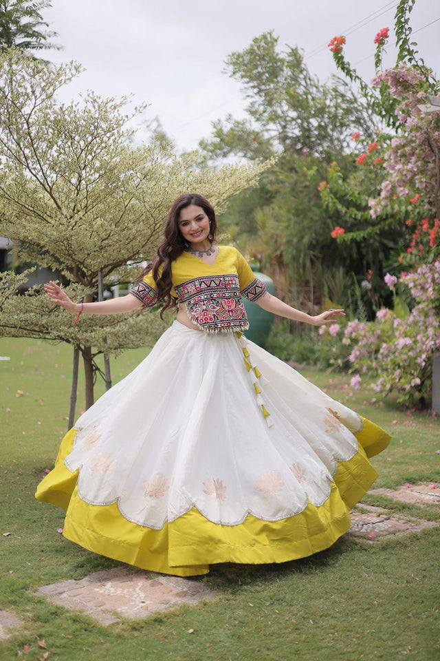 White Embroidered with Mirror Lace Work Silk Lehenga (ACA8974)