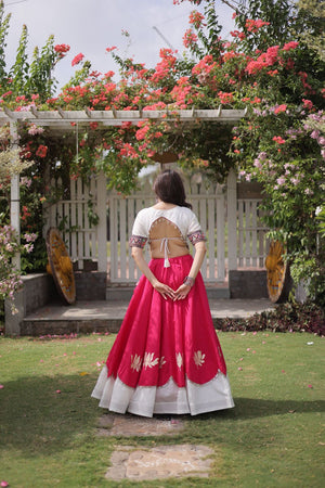 Pink Embroidered with Mirror Lace Work Silk Lehenga (ACA8975)