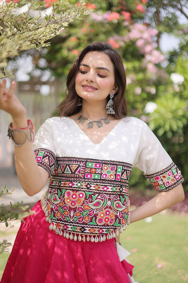 Pink Embroidered with Mirror Lace Work Silk Lehenga (ACA8975)