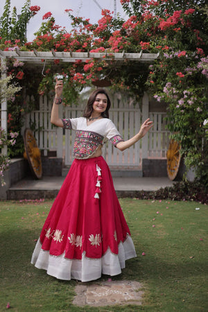 Pink Embroidered with Mirror Lace Work Silk Lehenga (ACA8975)