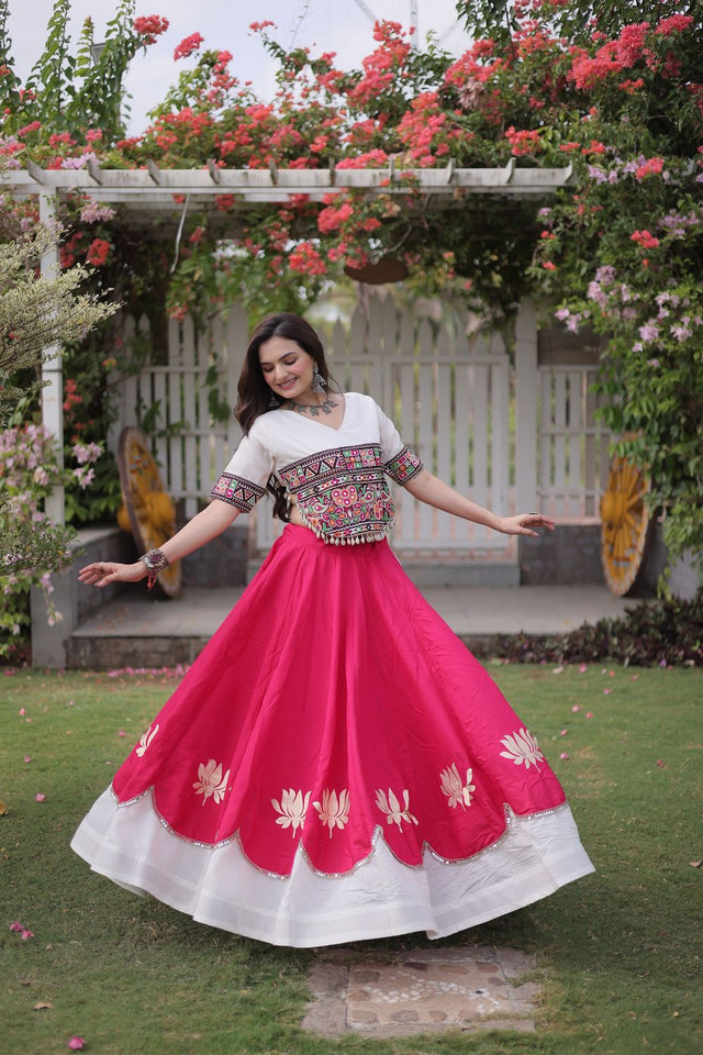 Pink Embroidered with Mirror Lace Work Silk Lehenga (ACA8975)