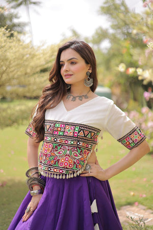Purple Embroidered with Mirror Lace Work Silk Lehenga (ACA8976)