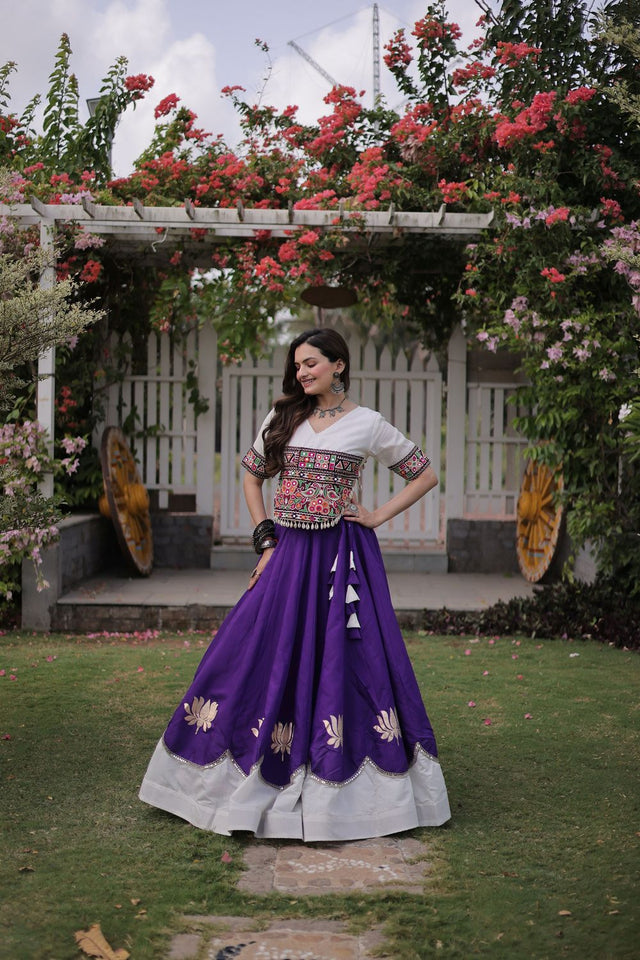 Purple Embroidered with Mirror Lace Work Silk Lehenga (ACA8976)