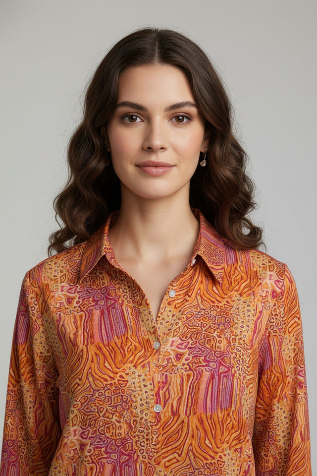 Orange Printed Crepe Shirt (ACA8977)