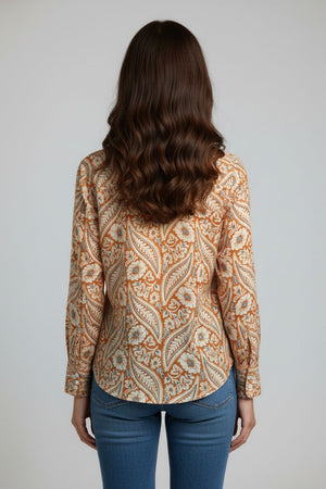 Orange Floral Printed Crepe Shirt (ACA8978)