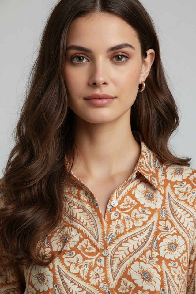 Orange Floral Printed Crepe Shirt (ACA8978)