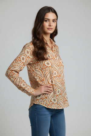 Orange Floral Printed Crepe Shirt (ACA8978)