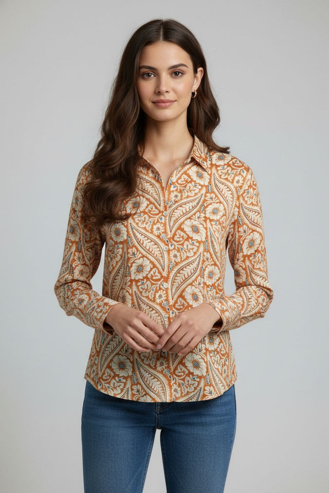Orange Floral Printed Crepe Shirt (ACA8978)