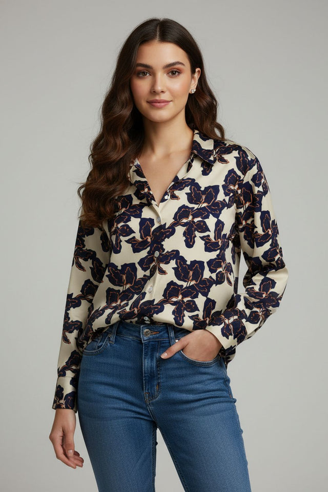 Blue Floral Printed Crepe Shirt (ACA8981)