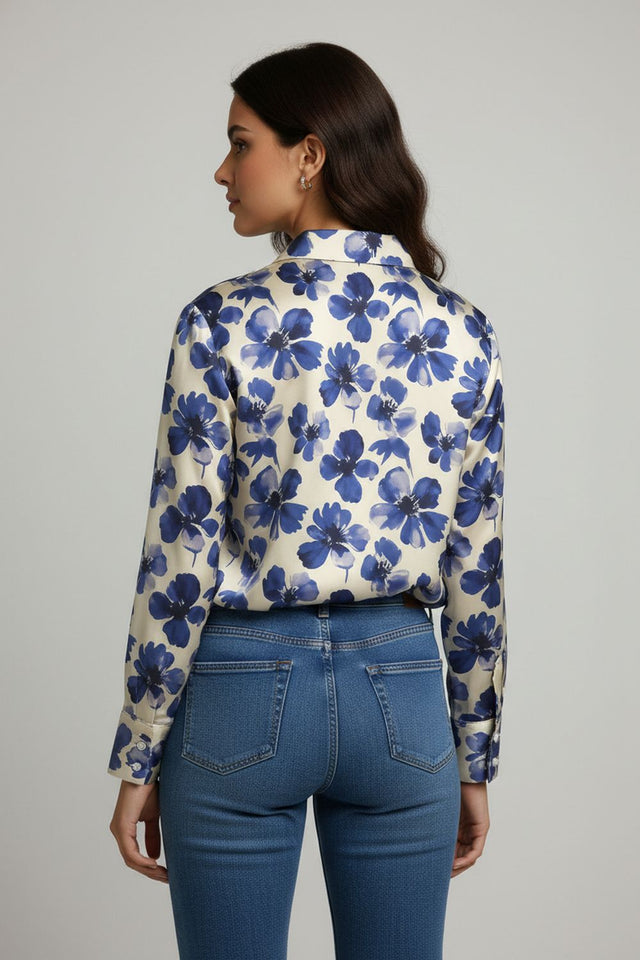 Blue Floral Printed Crepe Shirt (ACA8982)
