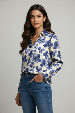 Blue Floral Printed Crepe Shirt (ACA8982)