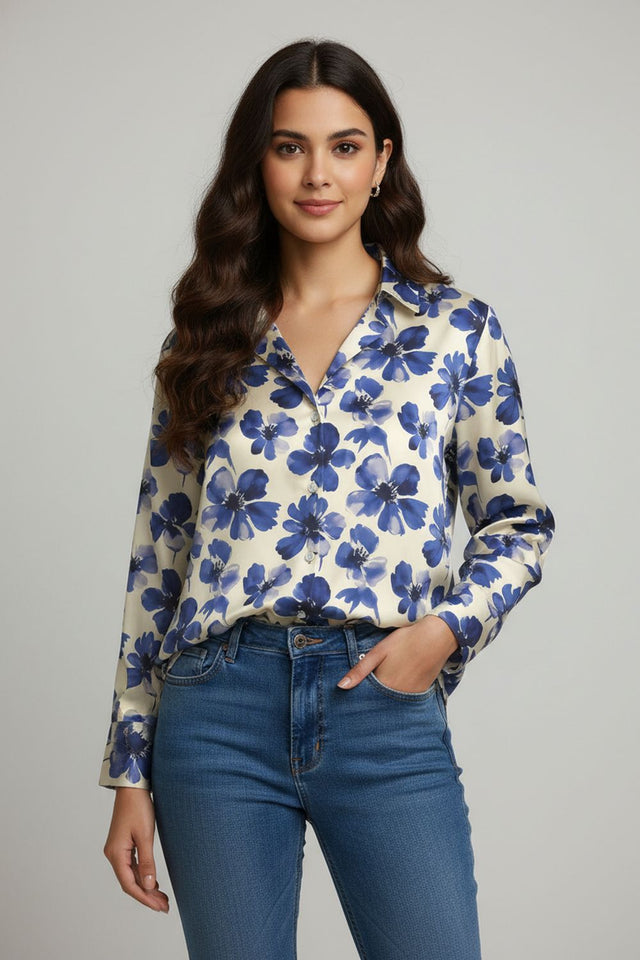 Blue Floral Printed Crepe Shirt (ACA8982)