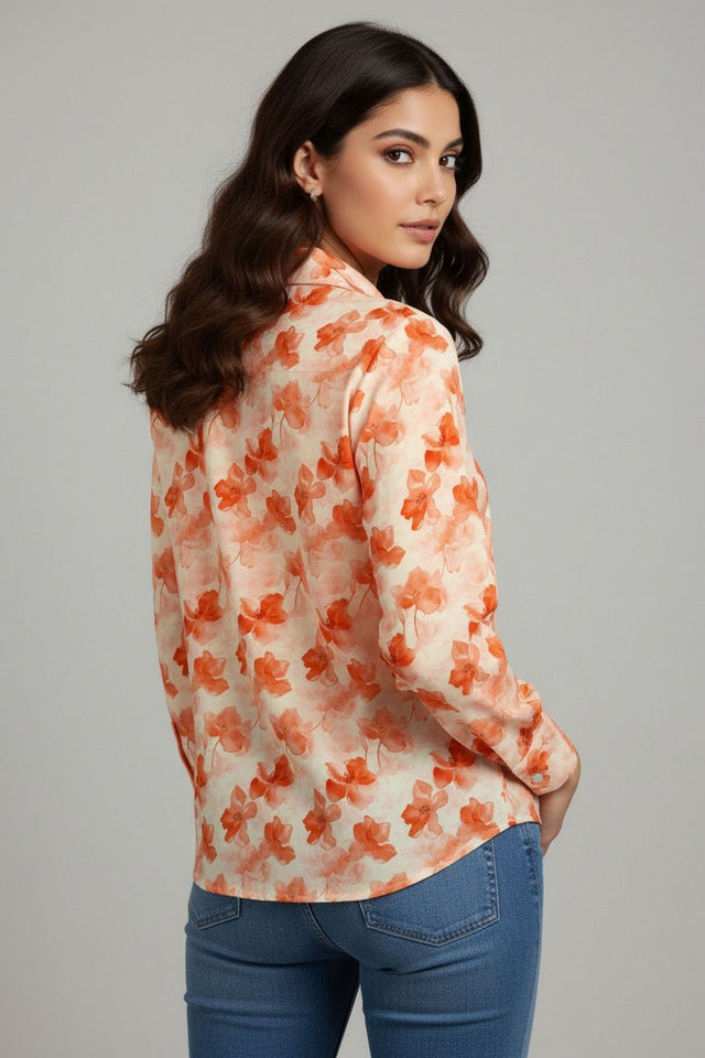 Peach Floral Printed Crepe Shirt (ACA8984)
