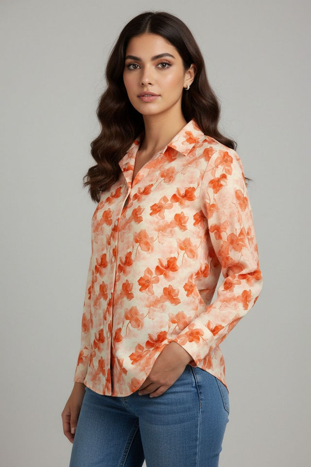 Peach Floral Printed Crepe Shirt (ACA8984)