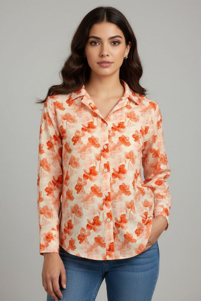 Peach Floral Printed Crepe Shirt (ACA8984)