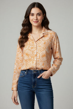 Peach Floral Printed Crepe Shirt (ACA8985)
