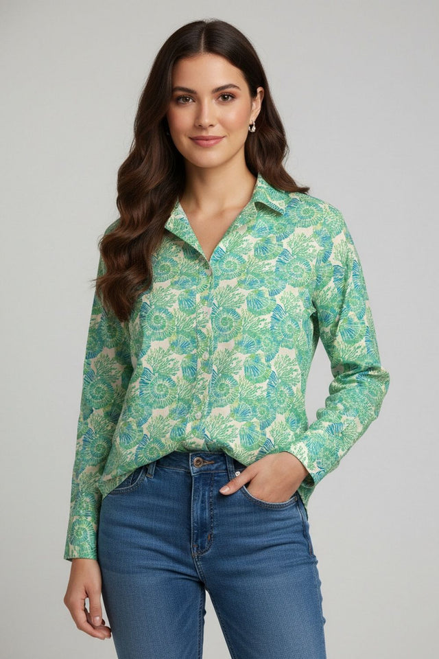 Green Floral Printed Crepe Shirt (ACA8986)