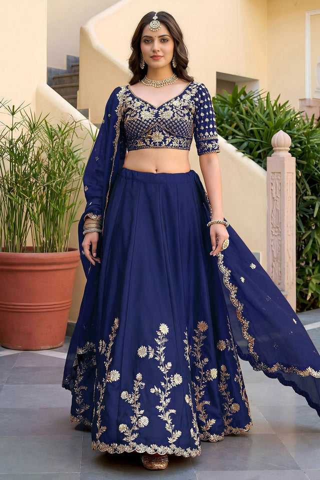 Blue Floral Embroidered Silk Lehenga (ACA8993)