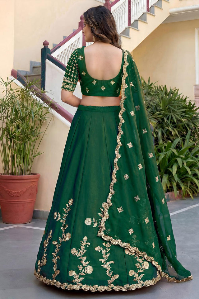 Green Floral Embroidered Silk Lehenga (ACA8994)