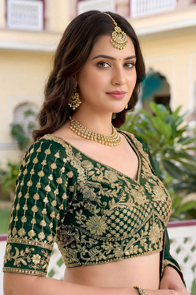 Green Floral Embroidered Silk Lehenga (ACA8994)