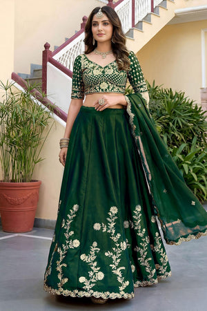Green Floral Embroidered Silk Lehenga (ACA8994)