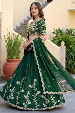 Green Floral Embroidered Silk Lehenga (ACA8994)