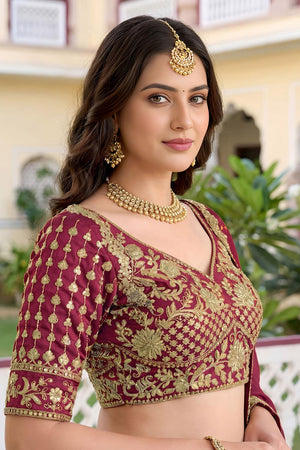 Maroon Floral Embroidered Silk Lehenga (ACA8995)