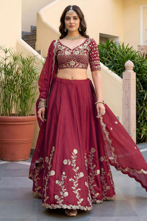 Maroon Floral Embroidered Silk Lehenga (ACA8995)