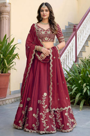 Maroon Floral Embroidered Silk Lehenga (ACA8995)