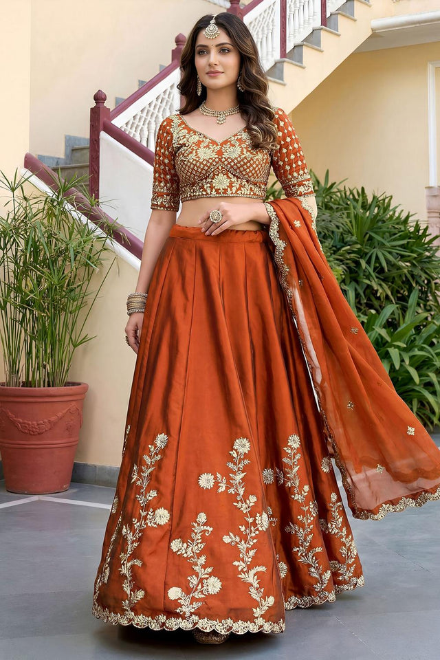 Rust Floral Embroidered Silk Lehenga (ACA8996)