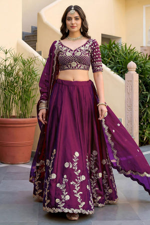 Wine Floral Embroidered Silk Lehenga (ACA8998)