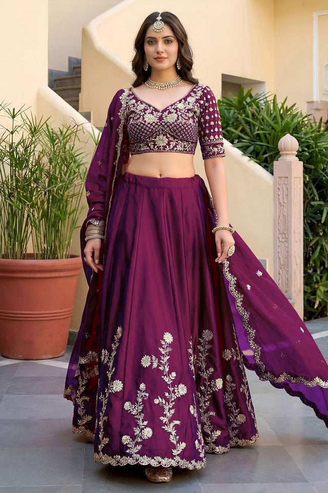 Wine Floral Embroidered Silk Lehenga (ACA8998)