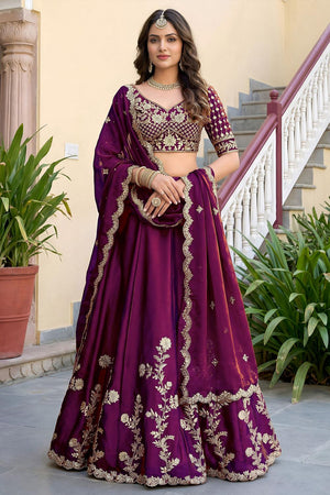 Wine Floral Embroidered Silk Lehenga (ACA8998)