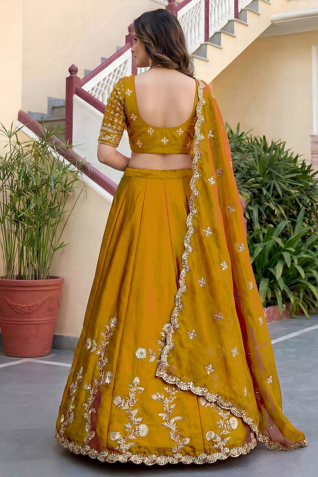 Yellow Floral Embroidered Silk Lehenga (ACA8999)