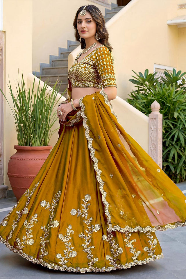 Yellow Floral Embroidered Silk Lehenga (ACA8999)