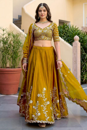 Yellow Floral Embroidered Silk Lehenga (ACA8999)