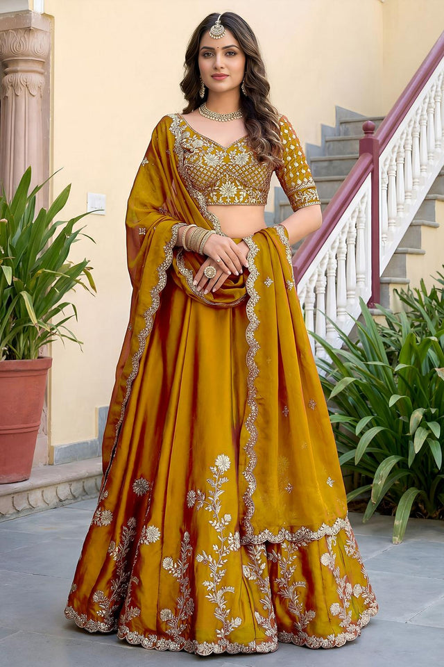 Yellow Floral Embroidered Silk Lehenga (ACA8999)
