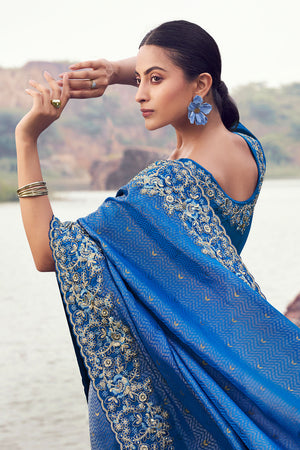 Blue Floral Embroidered Satin Saree (ACA9003)