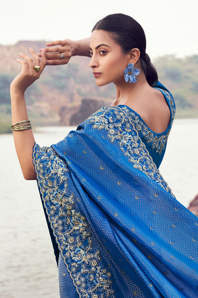 Blue Floral Embroidered Satin Saree (ACA9003)