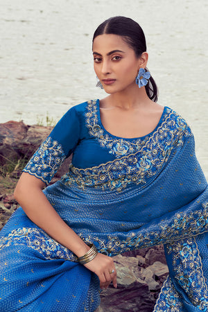 Blue Floral Embroidered Satin Saree (ACA9003)