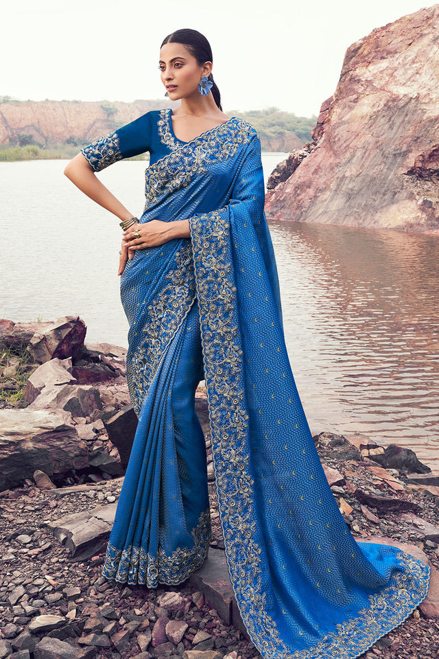 Blue Floral Embroidered Satin Saree (ACA9003)