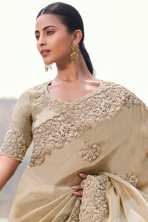 Beige Sequin with Floral Embroidered Tissue Saree (ACA9004)