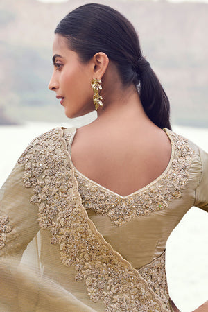 Beige Sequin with Floral Embroidered Tissue Saree (ACA9004)