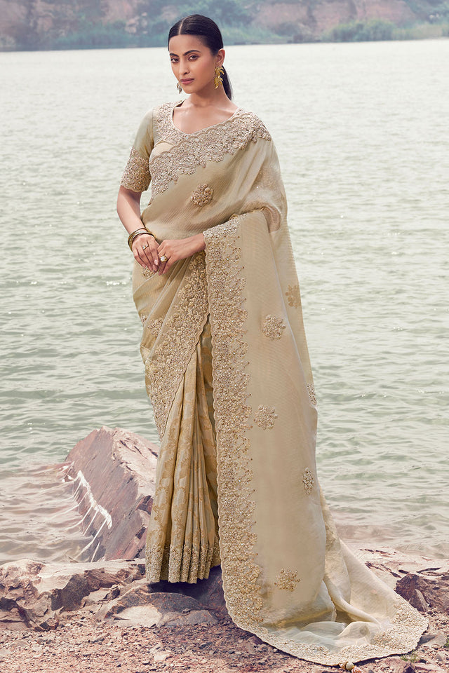 Beige Sequin with Floral Embroidered Tissue Saree (ACA9004)